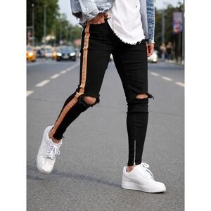 Nova Men Moto Skinny Jeans Men 32 Black Orange Reflective Stripe Ripped Techwear